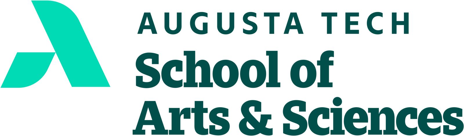 An uppercase abstract A in mint green composed of a smaller leg representing Augusta Technical College supporting the larger leg representing the Augusta Community and economy. The words Augusta Tech and School of Arts & Sciences are in heritage green font to the right of the a, stacked in three horizontal rows with School of Arts & Sciences in bold font.