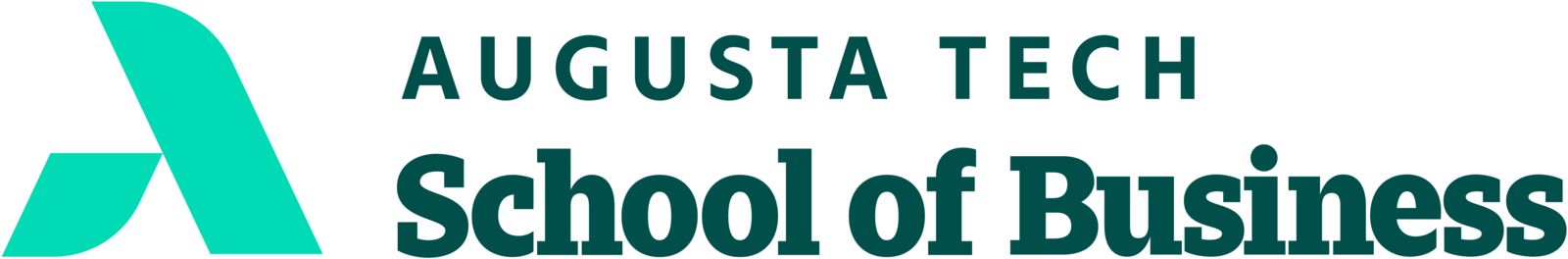 An uppercase abstract A in mint green composed of a smaller leg representing Augusta Technical College supporting the larger leg representing the Augusta Community and economy. The words Augusta Tech and School of Business are in heritage green font to the right of the a, stacked in two horizontal rows with School of Business in bold font.