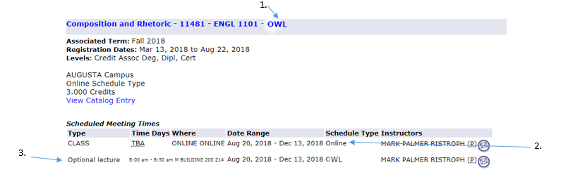 Course listing pointing out that the schedule type is online, the scheduled meeting time is optional lecture, and that it is an OWL section.