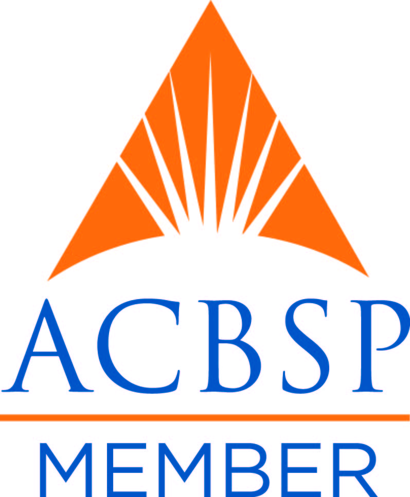 ACBSP Member logo - An orange triangle with a concave base. Seven  white, pointed rays radiate from the white space in the concave base at different angles in the triangle. The letters ACBSP are capitalized in blue font above the word Member also in blue capital letters separated by an orange horizontal line.