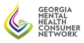 White box with gray text of Georgia Mental Health Consumer Network on the right side and on the left a design shaped like an open heart in multiple colors.